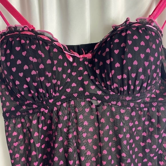 Barbie Per Lei Vintage Y2K Heart Print Black Pink Sheer Lingerie Babydoll Teddy - Picture 4 of 6